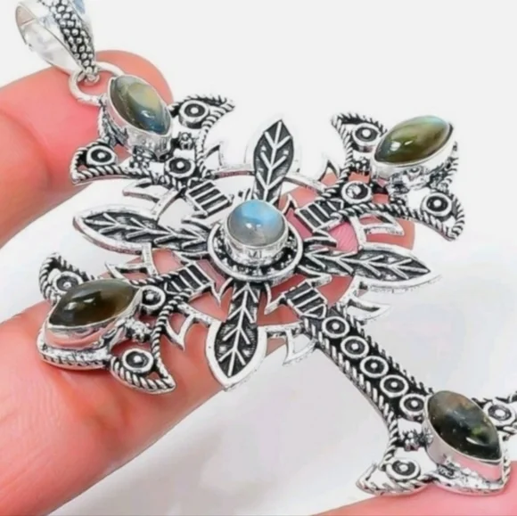 Labradorite 925 Sterling Silver Celtic Cross Handmade Pendant and Necklace 20" - Picture 1 of 7
